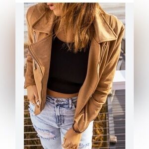VICI Biker Jacket Sand Slim Fit Multi-Zipper Faux Suede Stretch Jacket Small